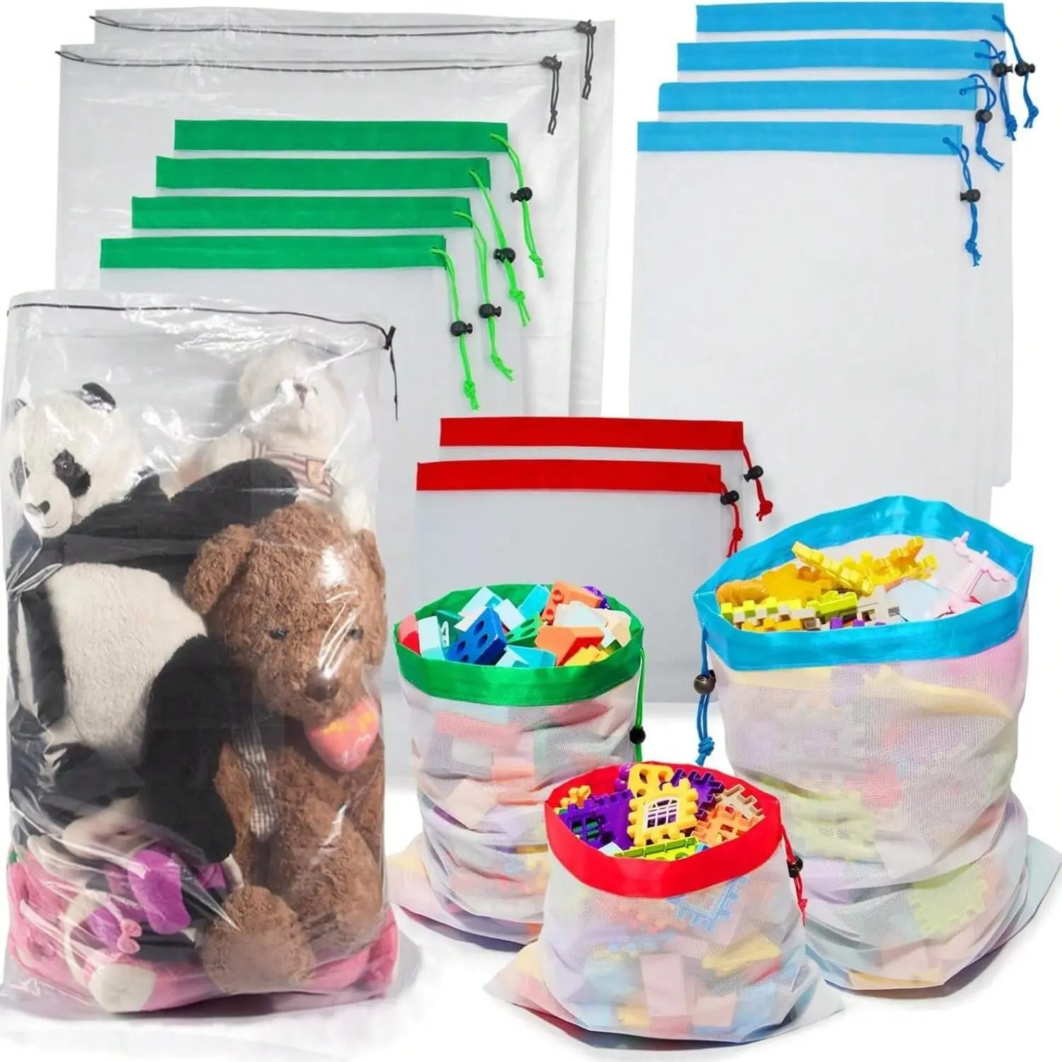 5-Pack Reusable Mesh Toy Storage Bags, Large Transparent Drawstring Bags for Kids, Puzzle Blocks, Balls, Dolls, Fruits, Vegetables, Valentine Gift