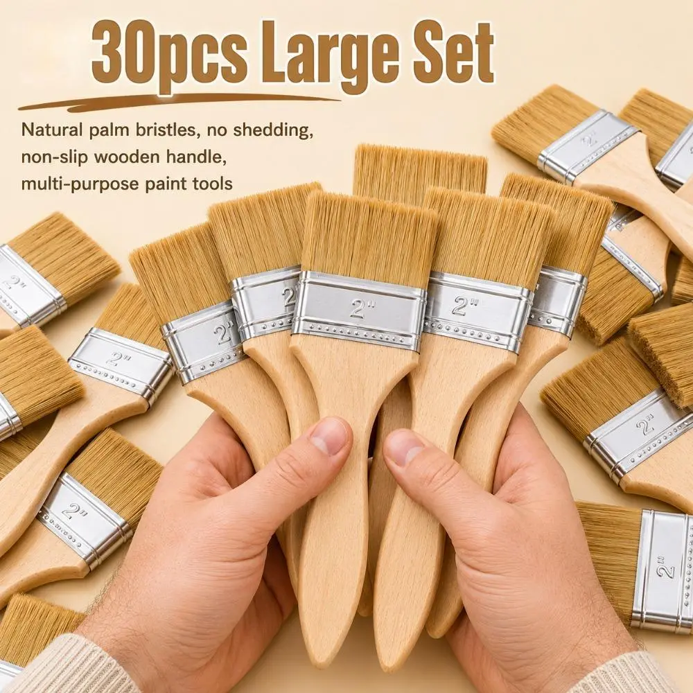 Wood Paint Brushes Set - 30 Pieces Large Pack, 2-in Ergonomic Gourd Handles, Natural Bristles for Painting, Premium Dual-Purpose Smooth Brushes for Walls, Furniture Staining, A Set Of 30 Pieces