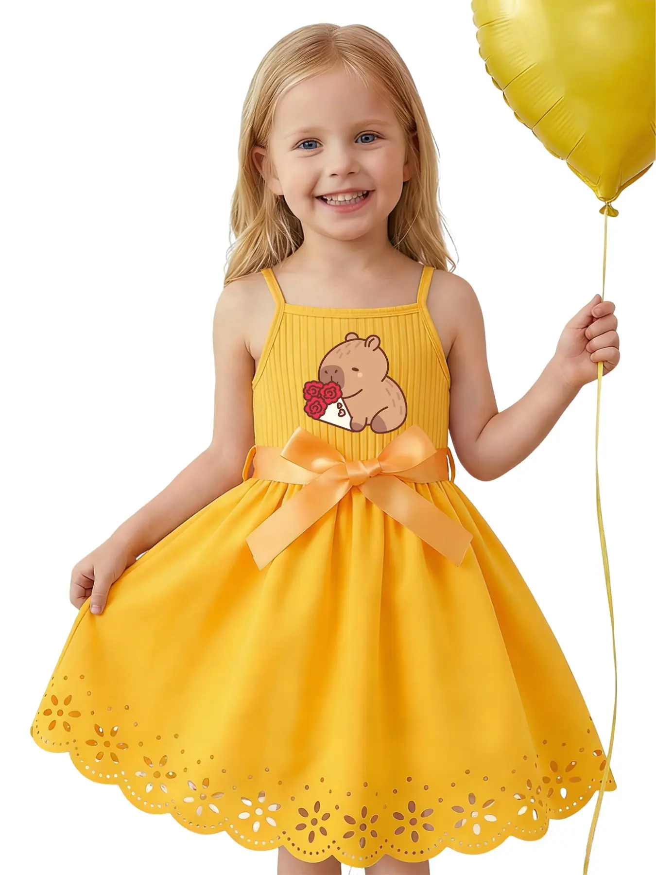Young Girls Cartoon Rose Capybara Print Cute Casual Belted Tank Dress, Summer Printed Dress, Loose-Fitting, Belted Design, Perfect for Daily Wear, Casual Dresses, Printing Dress