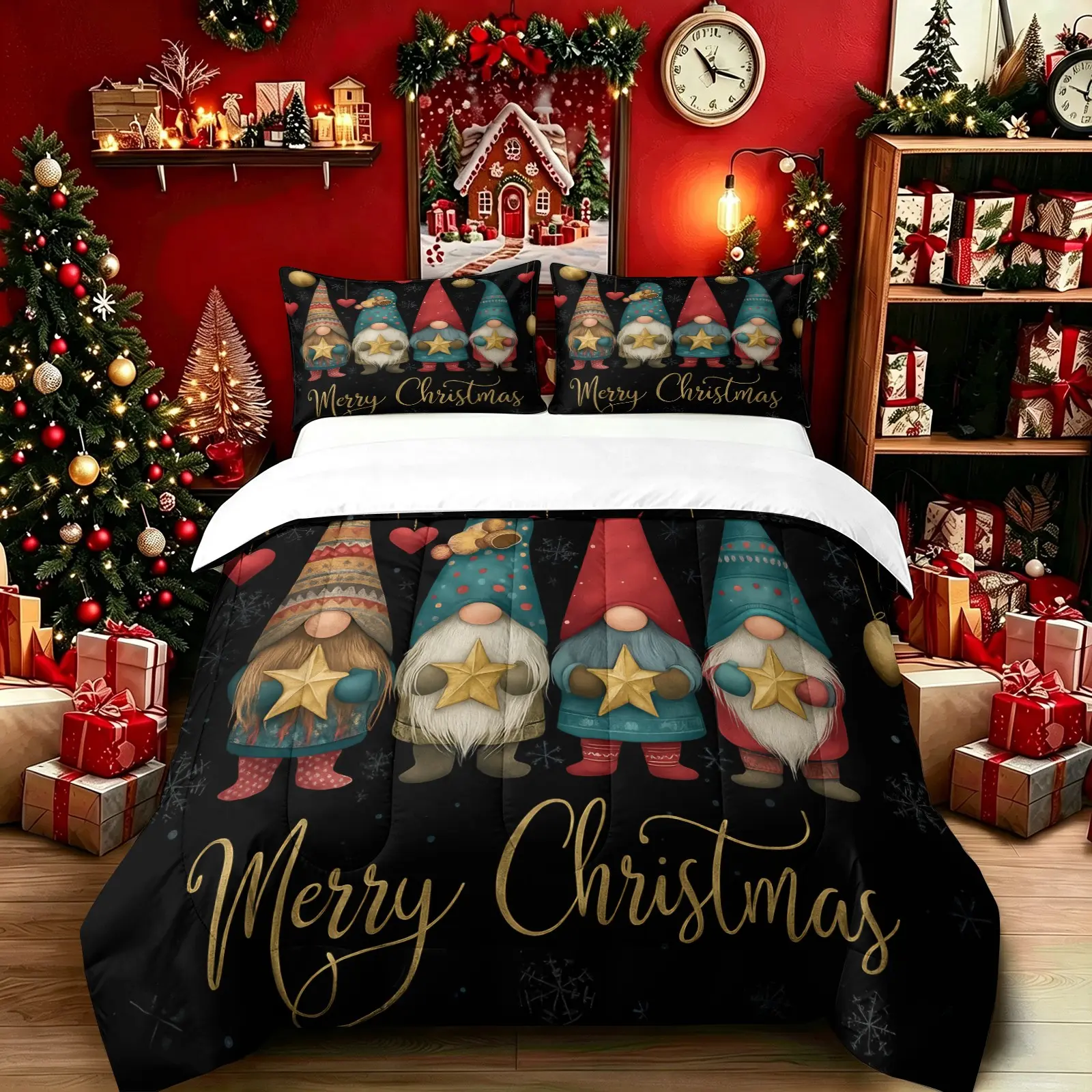 Colorful Gnome Holding Star Merry Christmas Print Comforter Set (1 Quilt + 1-2 Coreless Pillowcases), Soft Comfy Durable Washable, All Season Microfiber Fabric, Black Background Gonk Xmas Pattern Bedding Decor for Holiday Home