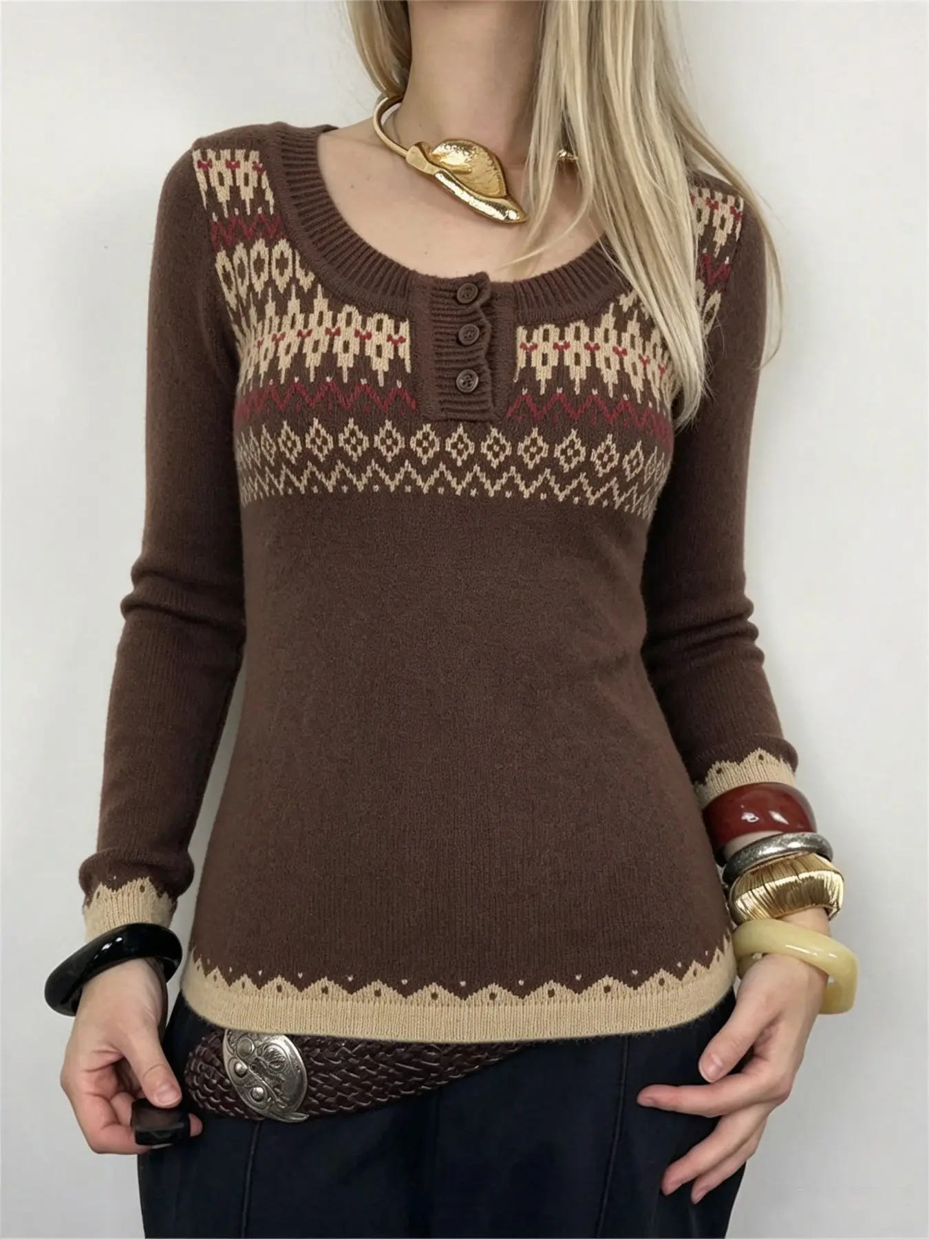 Vintage Ethnic Style Argyle Pattern Fitted Sweater, Casual Fall&Winter Y2K Women's Slim Brown Pullovers, Button Up Cute Aesthetic  Grunge Clothings, Long Sleeve