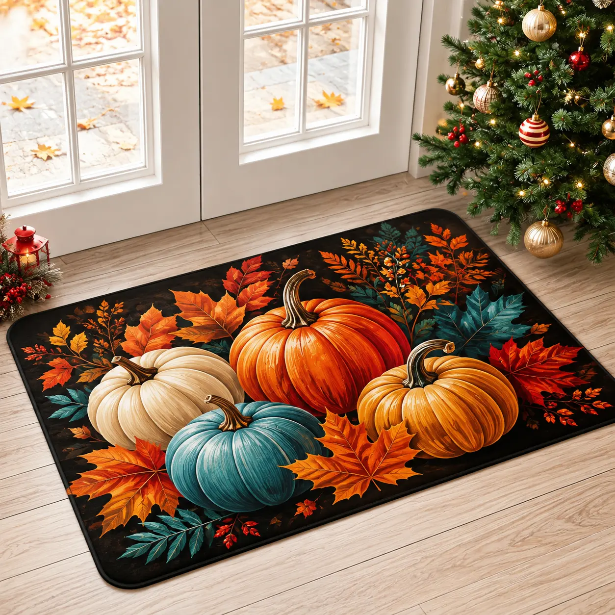 Flannel Pumpkin Leaf Floor Mat Autumn Doormat Fall Entrance Rug Thanksgiving Halloween Christmas Home Decor Cozy Rustic Porch Mat