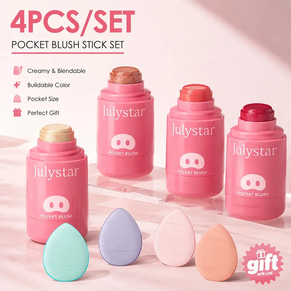 Cream Blush Stick 4 Pcs Gift Set, Silky Blendable Texture Buildable Pigment Natural Rosy Cheek Glow, Pocket Sized Twist Blush with 4 Mini Sponges, Sweat Resistant Daily Casual Face Makeup for Ladies