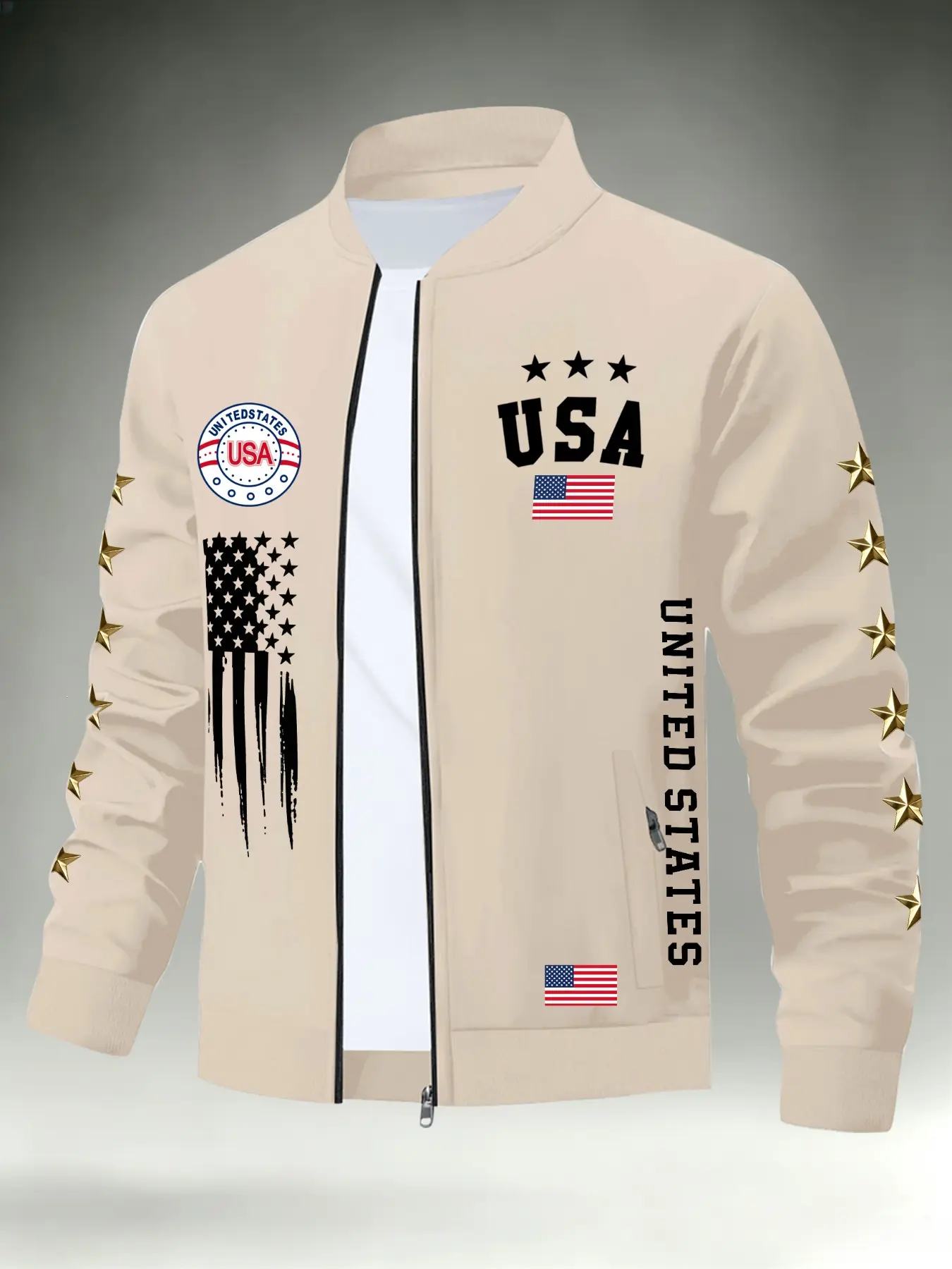 Men's American Flag Print Jacket, Casual Stand Collar Zipper Baseball Coat, Star Decor, Street Style, Fall & Winter, Daily & Outdoor Wear