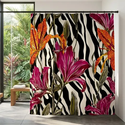 Lily Flowers Zebra Print Shower Curtain, Printed Shower Curtains, Floral Striped Background, Lightweight Waterproof Polyester Fabric, Bathroom Decor with 12 Hooks for Tub Separation
