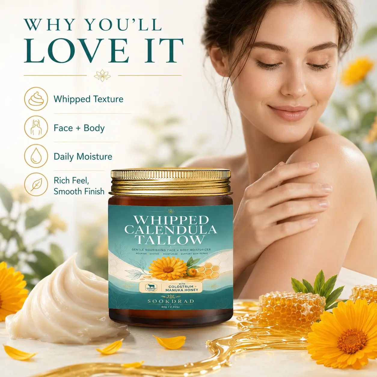 Whipped calendula tallow, with grass-fed tallow, with colostrum, with manuka honey, gentle facial and body moisturizer, nourish skin, soothe skin, moisturize skin, support skin repair, 80g/2.82oz