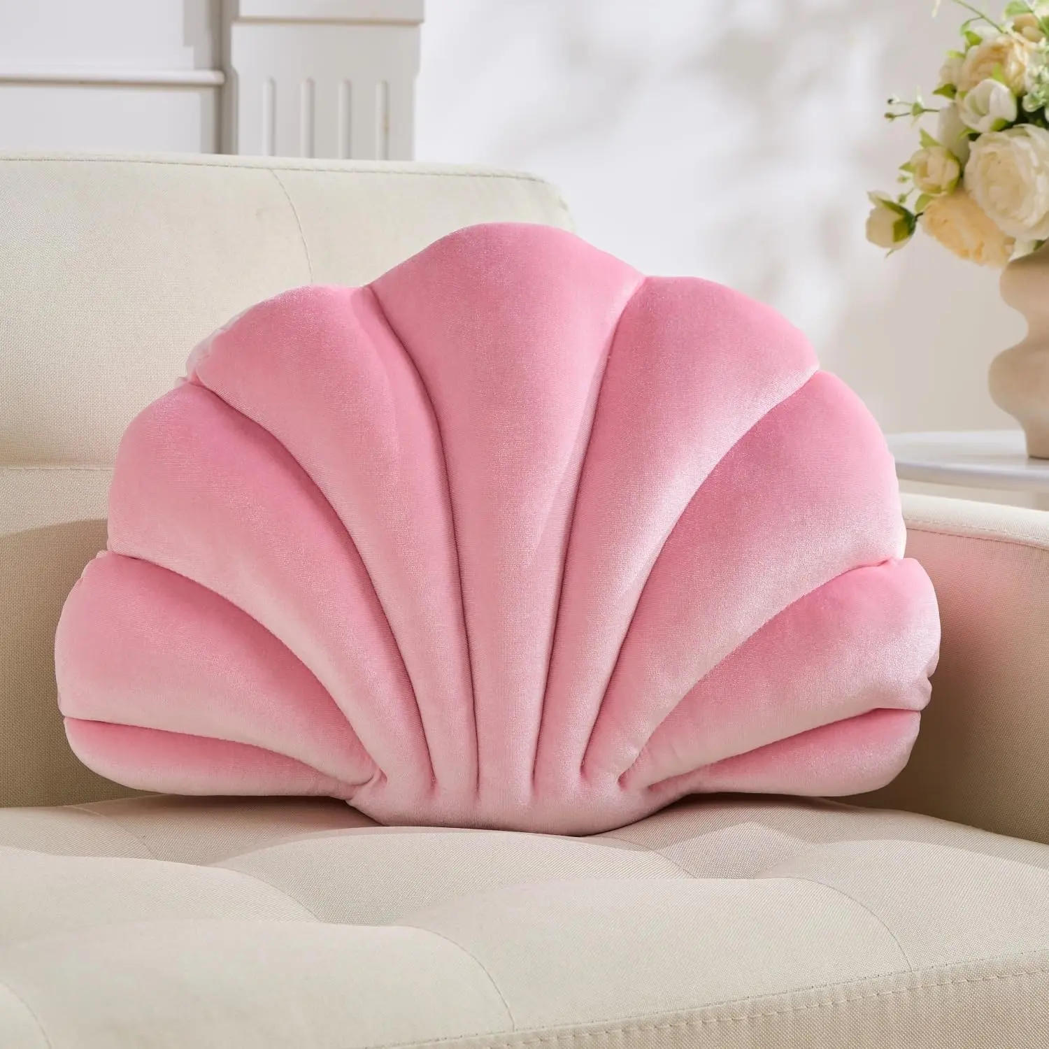 Shell Pillow,Light Pink Seashell Pillow 13x10 Inch | Decorative Throw Pillows,Velvet,PP Cotton Fill,Coastal Beach Sea Shell Theme,for Sofa Couch Bed,Room Decor Accent