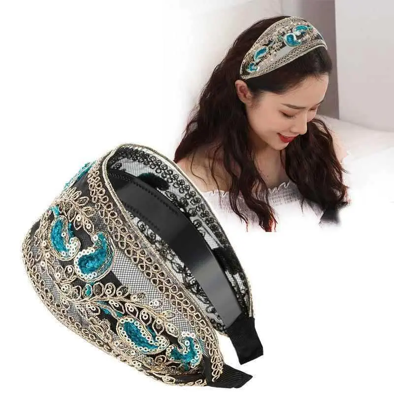 Peacock Blue Paisley Sequin Embroidery Lace Wide Headband Hollow Mesh Hair Hoop Women Retro Party Cover Gray Hair Hair Accessory