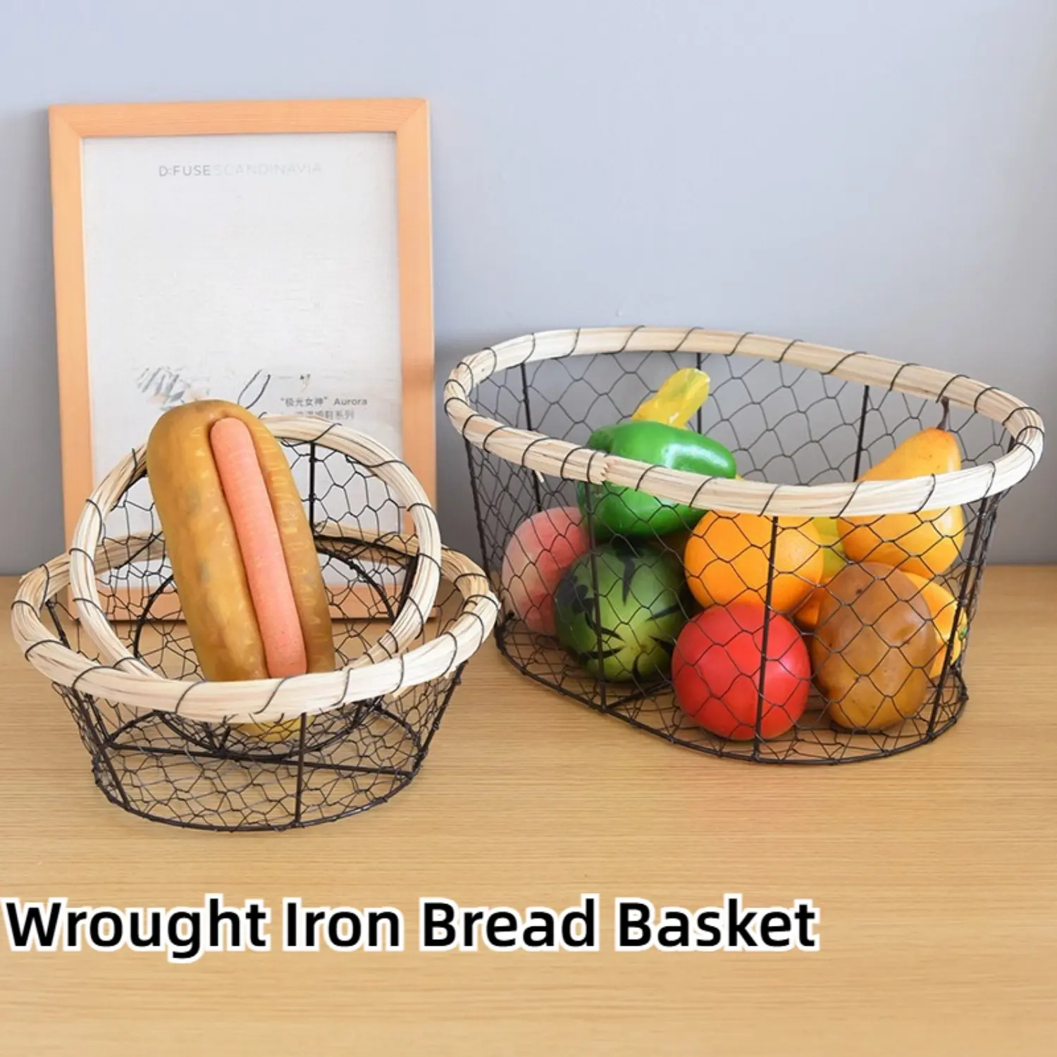 2 Pack Metal Wire Baskets for Kitchen Storage Metal Wire Bread Basket with Rattan Wrapped Rim Fruit Vegetable Holder Snack Egg Organizer Tray for Kitchen Countertop Desktop Storage Container