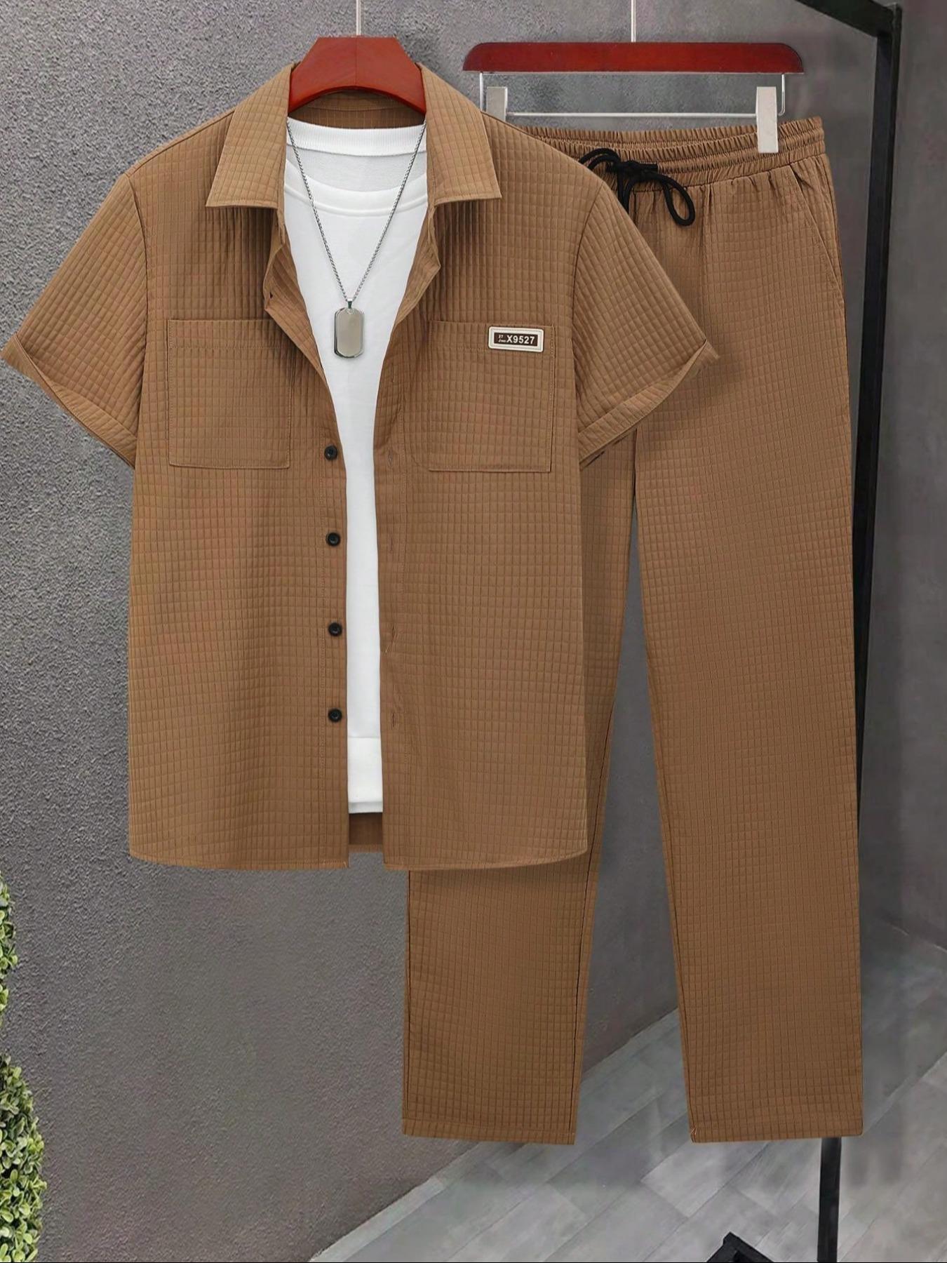 Men's Solid Button Front Shirt & Drawstring Waist Pants Set without Inner Top, Regular Fit Casual Short Sleeve Collared Top & Pocket Trousers, Men's Summer Clothes, Matching Clothing Set