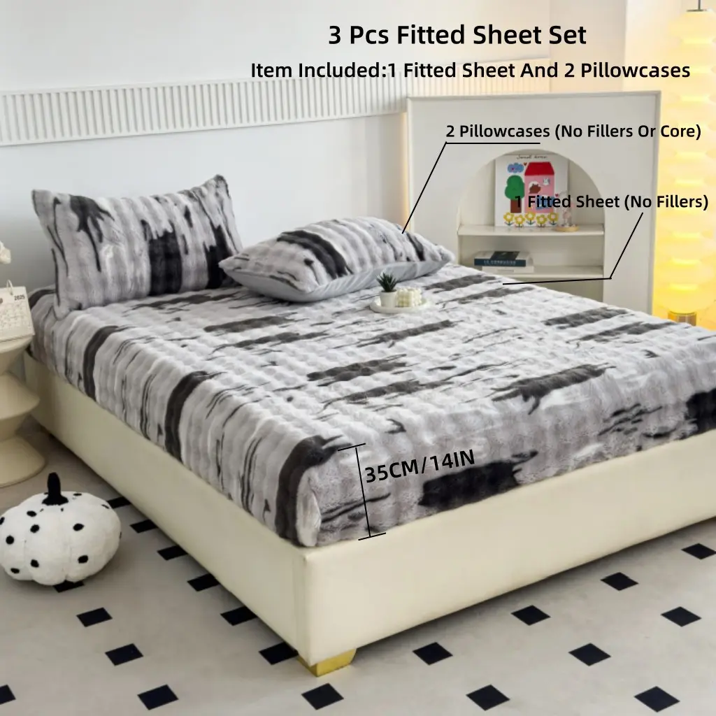 Wonderful Fluffy Faux Rabbit Fur Bedding Set (Queen Size), Unique Irregular Tie-Dye Grey Plush Fuzzy 3-Piece Fitted Bedding Set, Warm and Soft Bed Sheet Set Bedding Set for Winter, Queen/King Size
