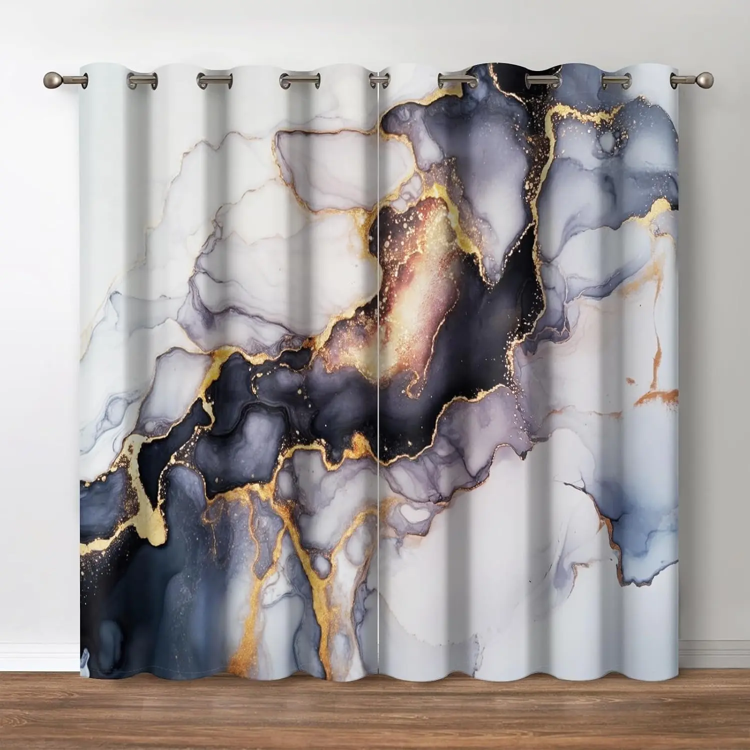 Marble Curtain Abstract Gold Brick Wall Design, Bedroom Living Room Decor, Light Blocking, Ring Top, Two Panels Included