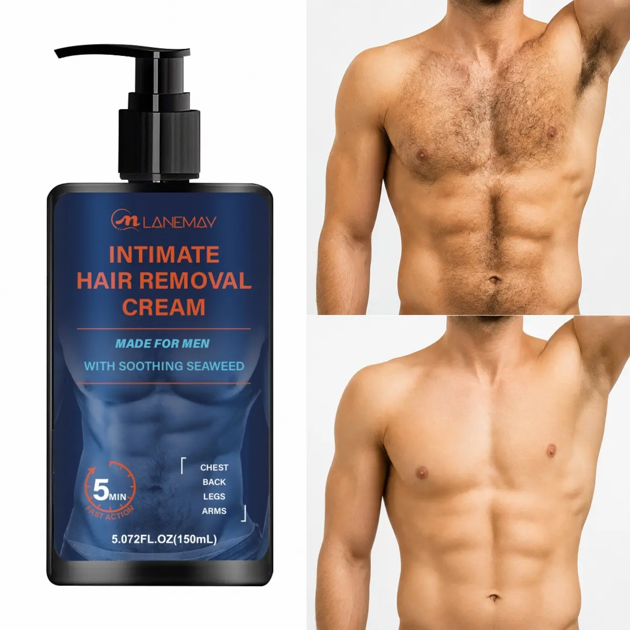 Men's Intimate Hair Removal Cream, Gentle Hair Removal, Smooth and Non-Irritating Skin, Seaweed + Sunflower Seed Oil, Suitable for the Whole Body, Body Hair Remover, Summer Essential for Home Care, Large Size, Hair Removal Solution, 150ml
