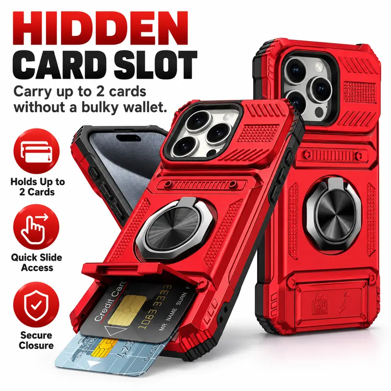 Magnetic Rotatable Ring Kickstand Heavy-Duty Drop Protection Wallet Case with Cash & Card Slots for iPhone 18 Pro Max 17 16/15/14/13/12/11 Pro Max, XS, XR, 8/7 Plus - Wireless-Compatible Cellphone Handheld Accessories