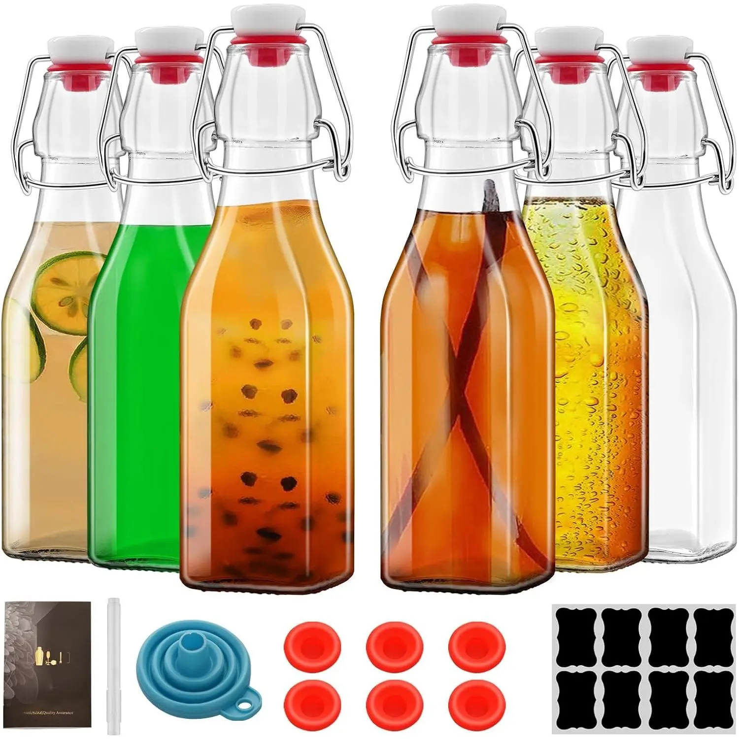 6 Pack 8oz Square Swing Top Glass Bottles, 250ML Bottles with Airtight Stoppers for Kombucha, Kefir, Vanilla Extract, (Bonus Gaskets, Labels and Funnel)