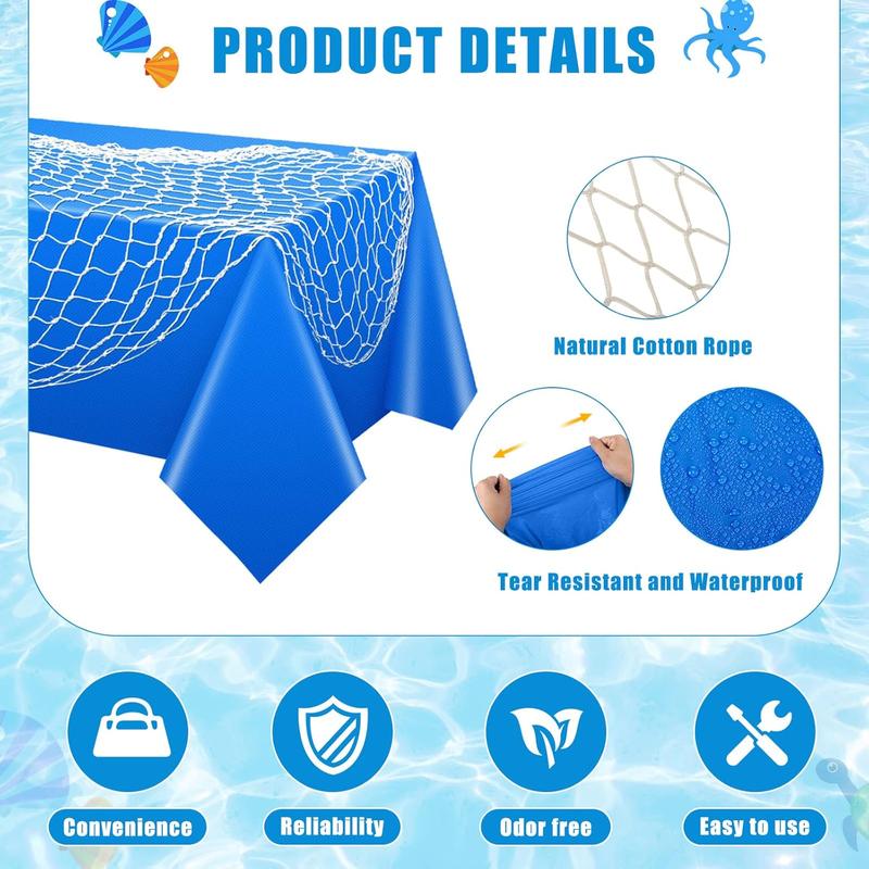 6 Pcs Fish Net Decorative and Tablecloth Set, Cotton Fishnet and Plastic Table Cover Decorations Set for Nautical Themed Party Baby Shower Pirate Decorations Mermaid Party(Vivid Color) Ornaments