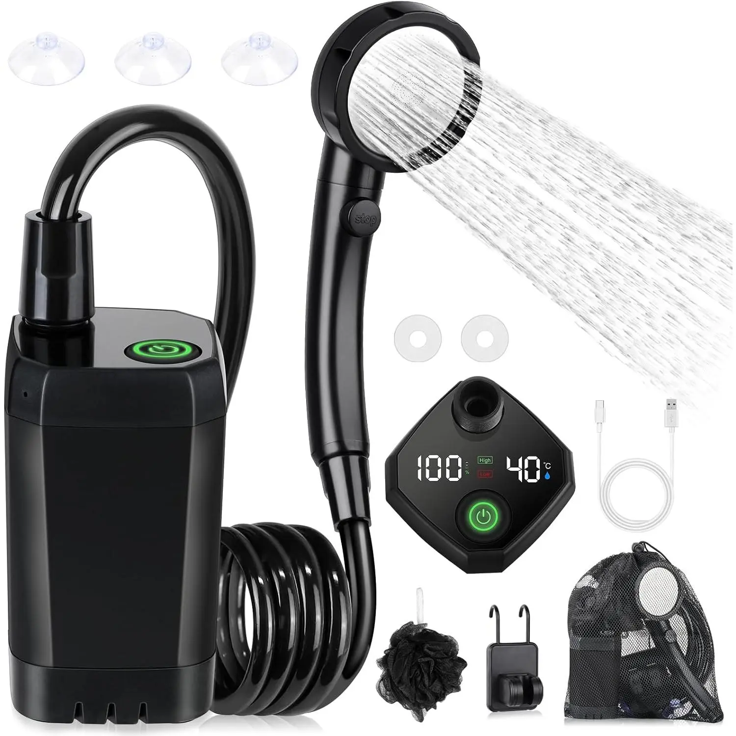 Spopal Portable Camping Shower - 6000mAh Rechargeable Batteries, Intelligent LED Display, 4 Spray Modes, IPX7 Waterproof Outdoor Bath Pump, Silicone Cover, Portable Head Showers, Bucket Grip for Camping, Hiking