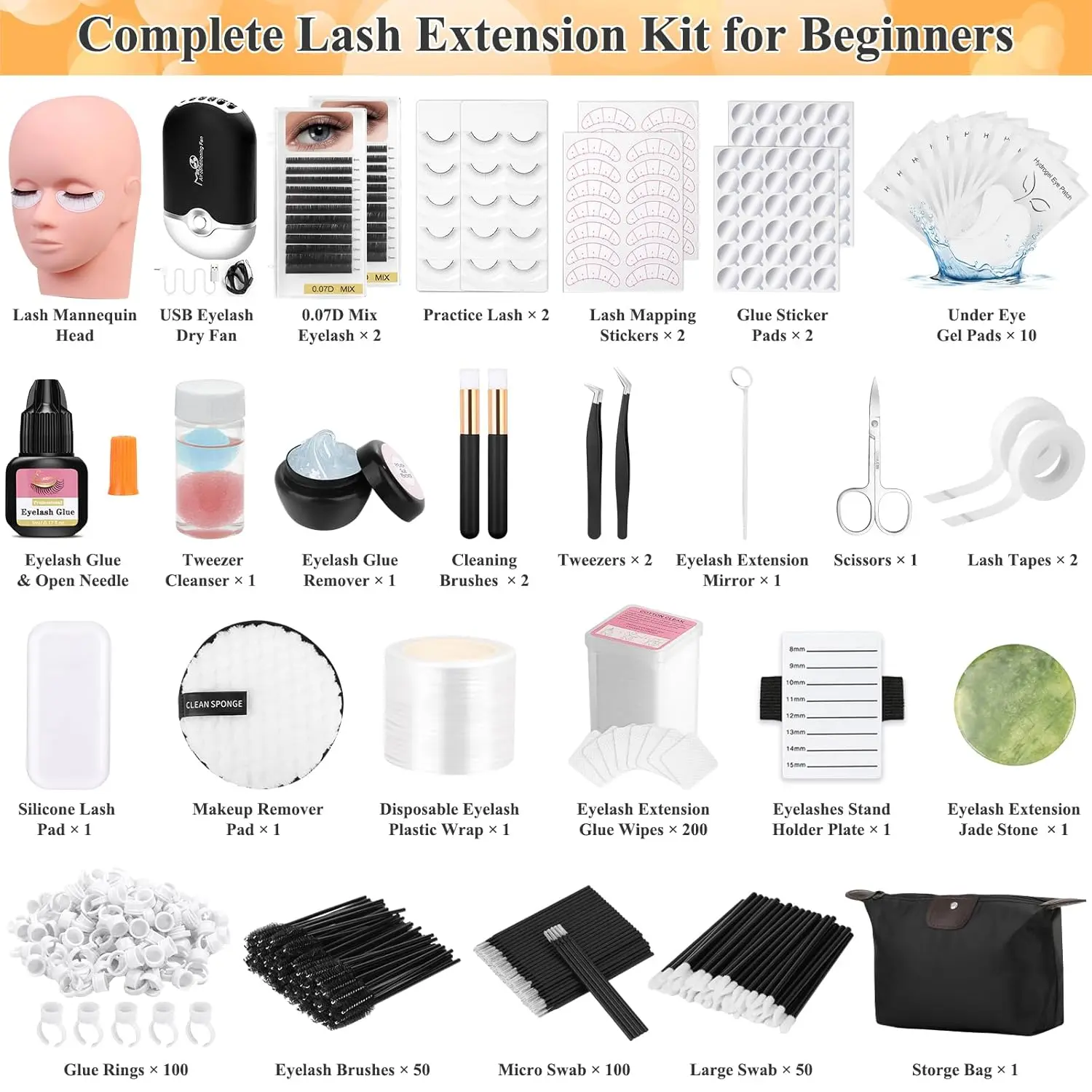 Eyelash Extension Starter Kit for Beginners with Mannequin Head, Lash Fan, Glue, and Remover for Practice Training