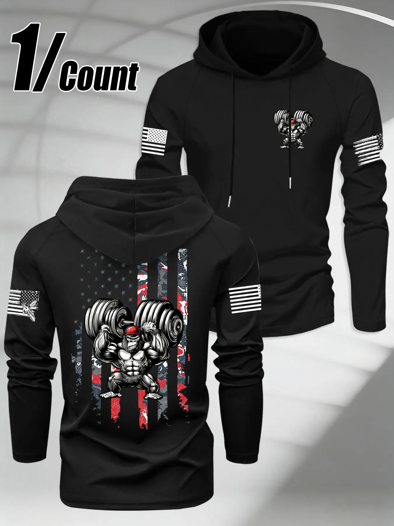 Men Drawstring Pullover Hoodie, Patriotic Weightlifting Gorilla Graphic Print, Fitness Gym Workout Long Sleeve Hooded Top, Loose Fit Street Athletic Apparel For Male Training Sports Daily Casual Trendy Patriotic Style Outfits
