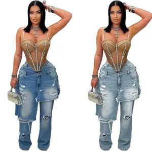 Autumn Winter New European American Women's Fashion Denim Distressed Patchwork Ripped Decorative Loose Straight Long Pants