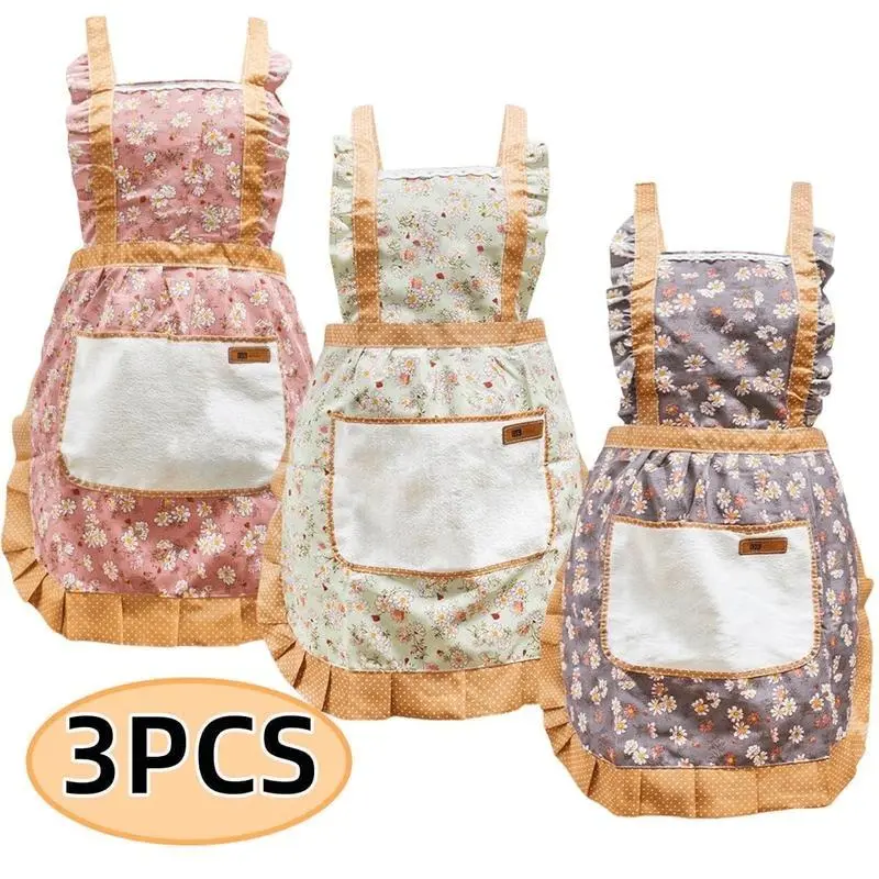 Women's Vintage Floral Kitchen Apron 3pcs Set, Pocketed Cooking Aprons with Adjustable Cross-Back Strap, Waterproof Canvas Chef Bib, Breathable Baking Grilling Smock for Home Cafe Restaurant Gardening