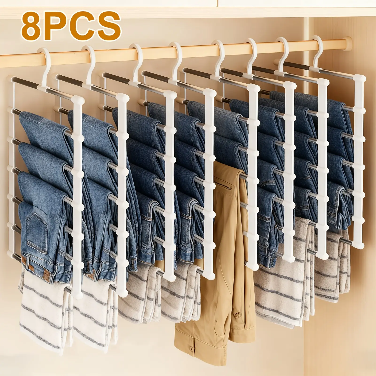 4/8Pcs Foldable Multi Layer Pants Hangers, Plastic Non Slip Wardrobe Organizer Rack, Space Saving Ladder Style Garment Holder, Stainless Steel No Trace Multifunctional Closet Storage Hanger for Jeans, Leggings and Scarves Household Clothing Arrangement