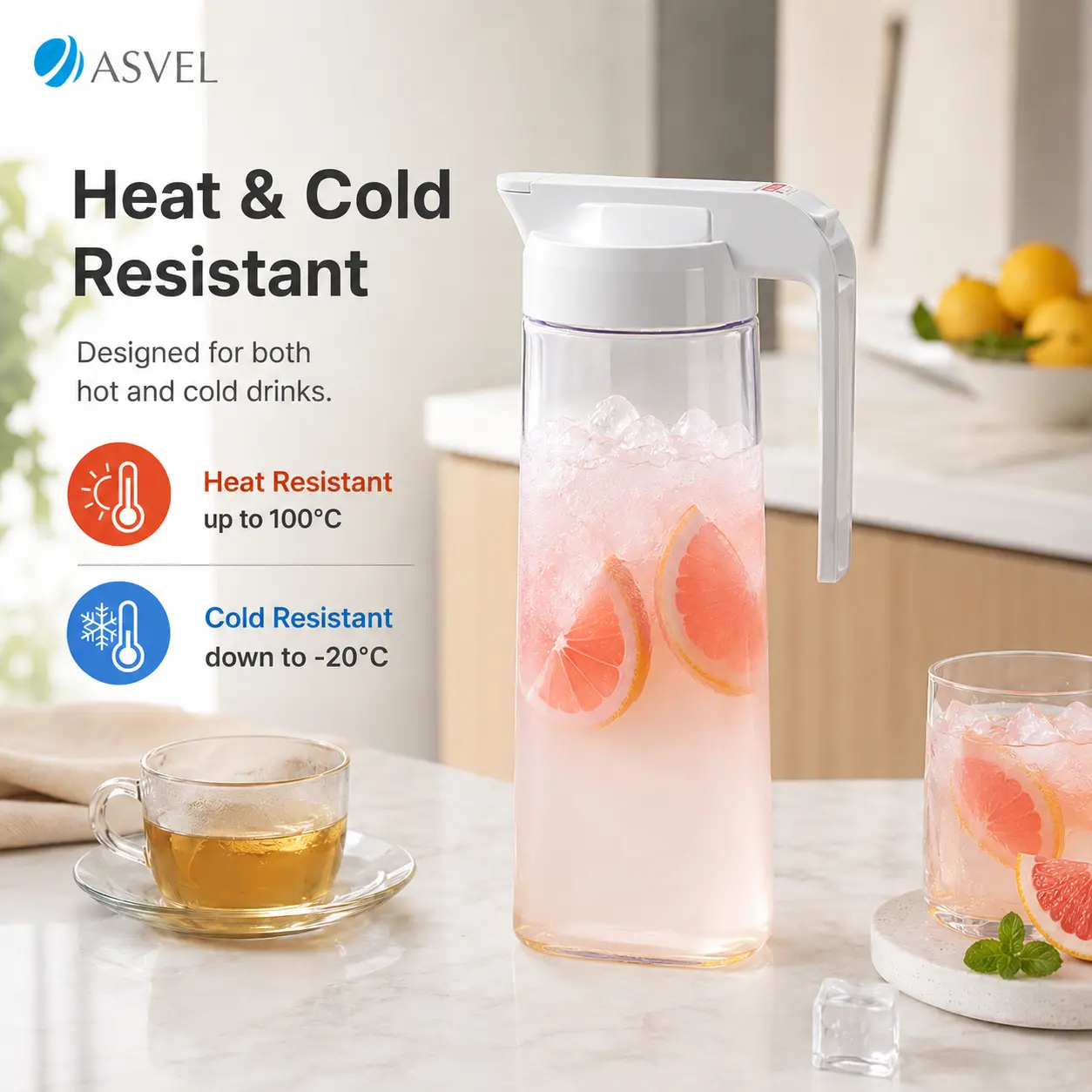 ASVEL 2.1L (71oz) Japan Leak-Proof Handle Pitcher - Single Jug, Heat-Resistant Fridge-Safe Kitchenware for Drinking Hot/Cold Drinks