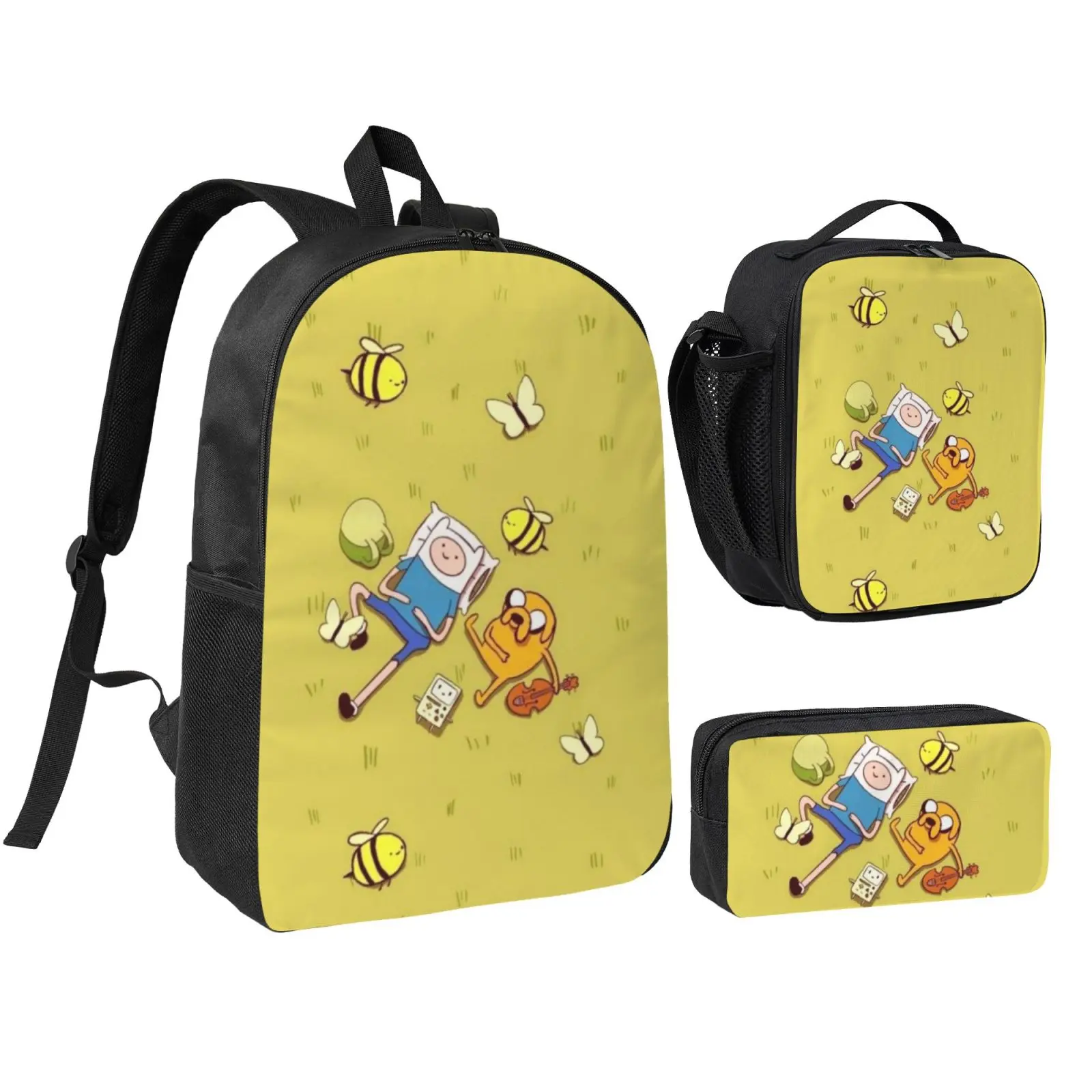 3Pcs Anime Adventure Time3 School Backpack Combo Set for Teen Boys & Girls, Ergonomic Adjustable Straps Student Bookbag with Insulated Lunch Box and Large Capacity Pencil Case, Daypack for School, Travel & Office Daily Use