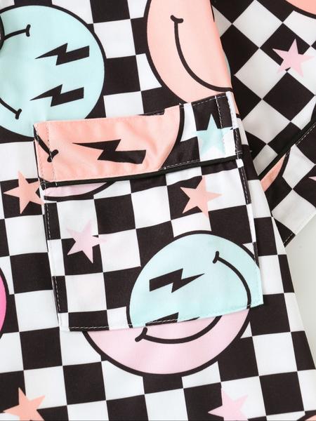 Women's Sleepwear Set, Smiley Face Print Pajamas, Lapel Button Short Sleeve Top & Elastic Shorts, Casual Fitted Nightwear