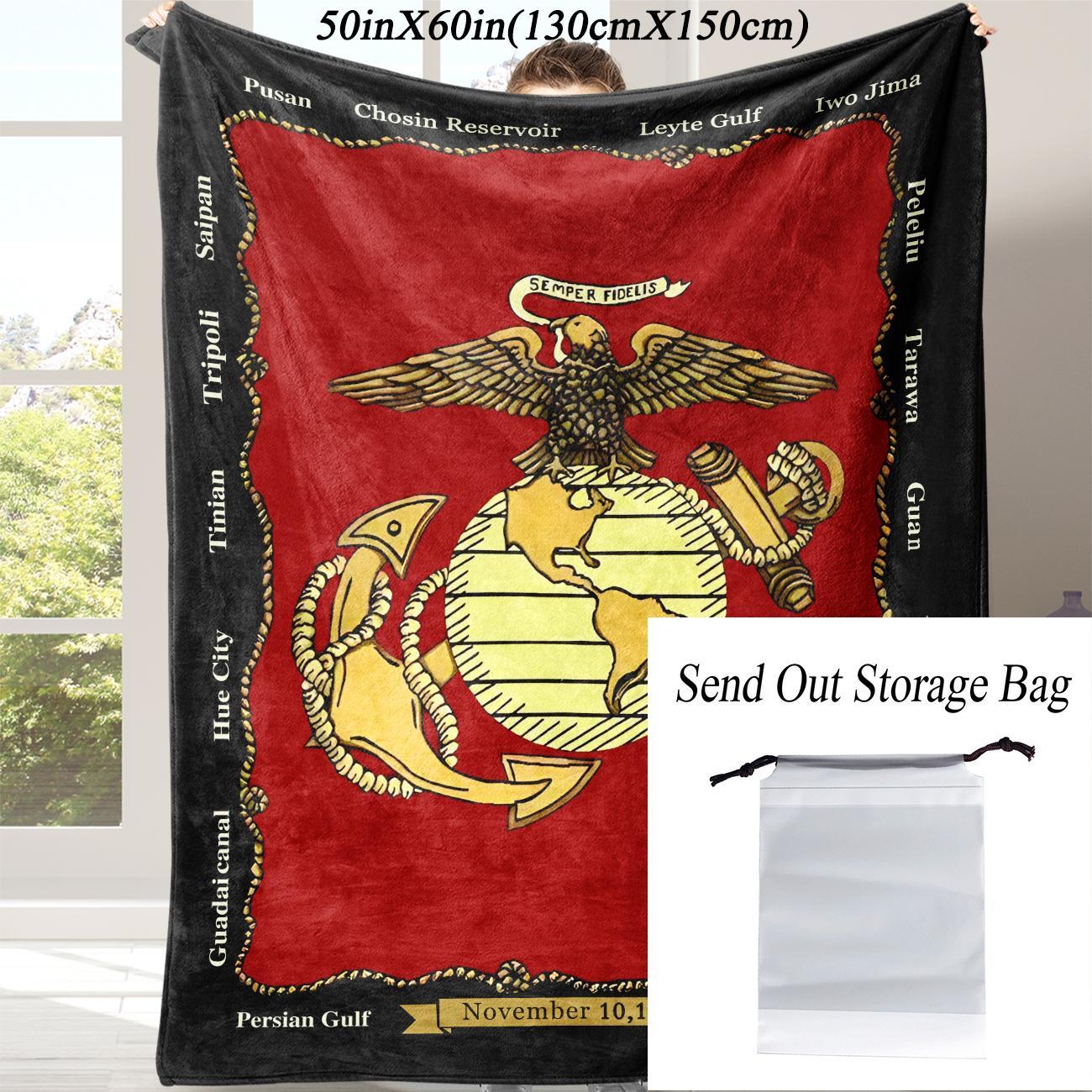 U.S. Marine Corps Emblem Pattern Blanket, 1 Count Soft Warm Throw Blanket with Storage Bag, Air Conditioning Room Blanket, Comfortable Nap Blanket for Home & Office