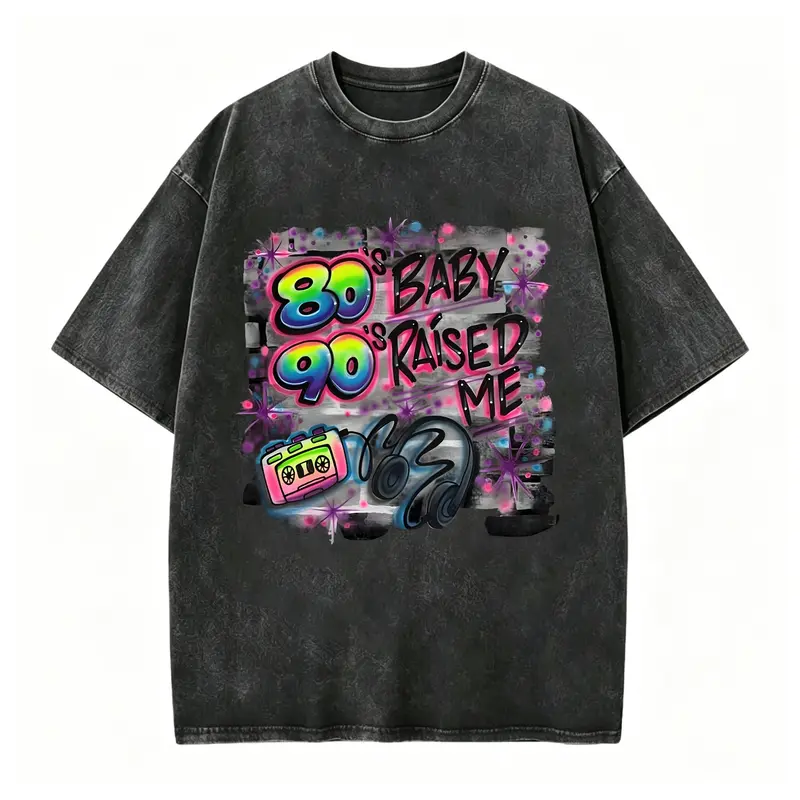 Women's T-Shirt with 80s 90s Raised Me Retro Pop Art Print, Neon Colors And Cassette Tape Design, Perfect for 90s Themed Parties And Casual Wear