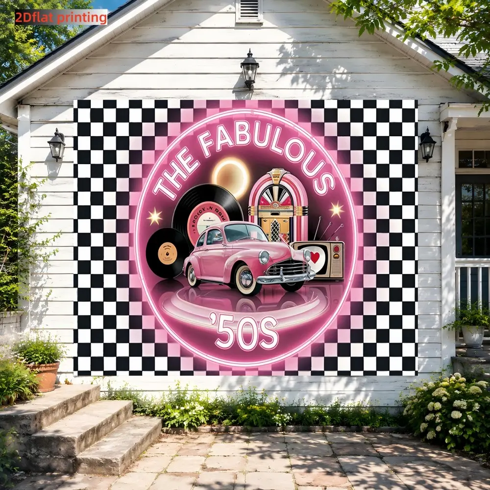 1PC 2D Flat 50s Retro Rock Photography Backdrop, Black-White Checkerboard Pink Neon Classic Car Jukebox 1950s Party Background, Retro 50s Theme Party Decoration, Party Decoration Supplies, Photo Booth, Themed Gathering