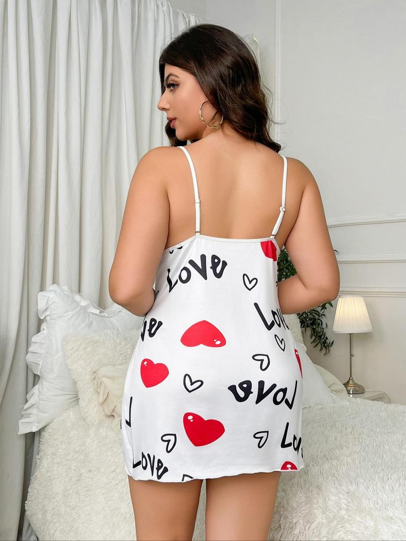 【Plus Size】 Women's Heart & Letter Print Contrast Lace Bow Decor Nightdress, Split Thigh Cami Nightgown, Women's Plus Sleepwear & Homewear for Summer, Dresses for Women, Summer Wear 2024