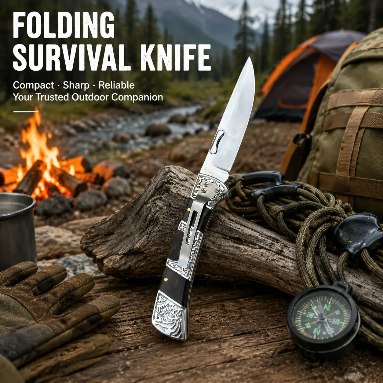 Vintage Folding Pocket Knife, Stainless Steel Edc Knife with Decorative Handle, Portable Outdoor Survival Tool for Camping Hiking Fishing