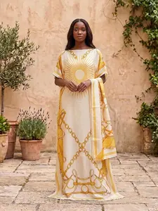 Women's Elegant Geometric Print Kaftan Dress – Luxury Satin Feel Maxi Dress for Holiday, Beach, and Evening Wear – Flowy Loose Fit Cover-Up