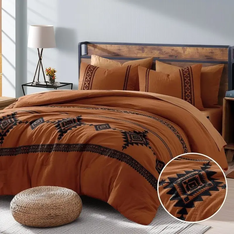7 Piece Light Olive Green Embroidery Boho Western Farmhouse Comforter Set Queen King, All Season Bed in A Bag Bedding Set With Bed Sheets Pillowcases and Shams