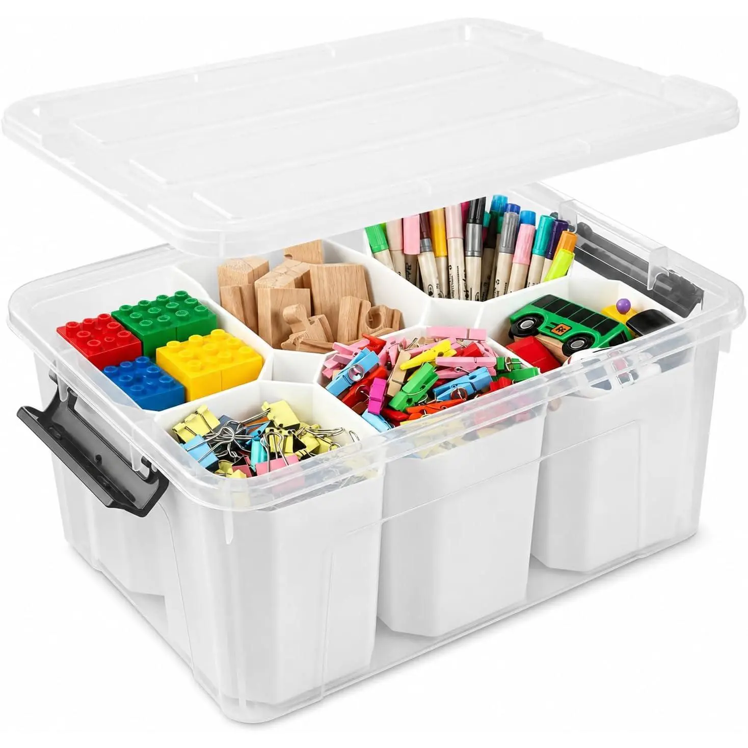 17QT Clear Storage Bins with  & Dividers for Crafts | Stackable 17-quart transparent box featuring 6 tall removable inserts.  for organizing crafts, tools, toys & crayons