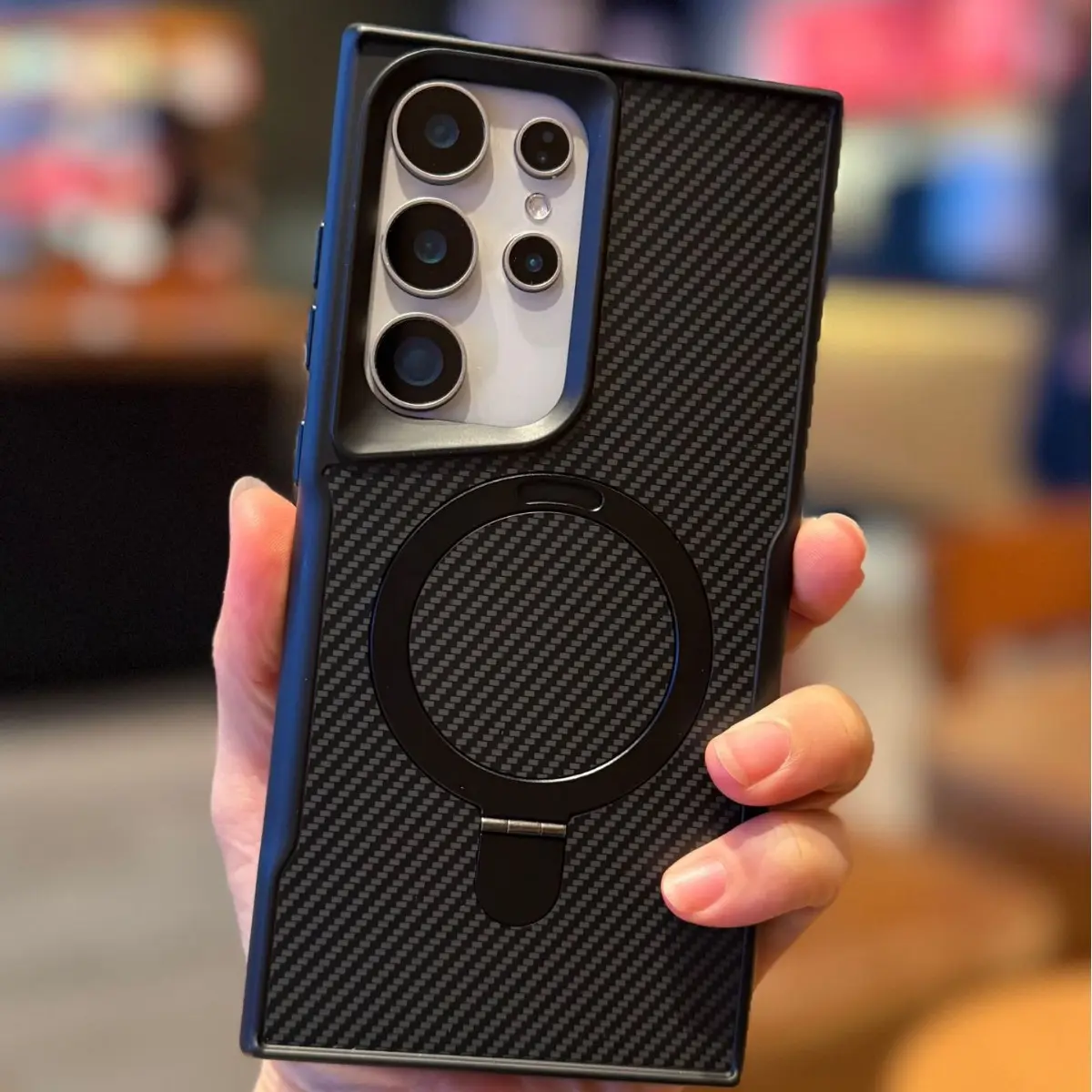 Compatible with S26UItra/S25plus/S24UItra/S23UItra | Carbon Fiber Texture Magnetic Kickstand Shockproof Flip Phone Case HNZ0563