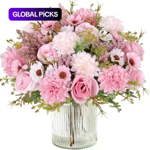 4 Pack Artificial Flowers Like Real Artificial Bouquet Silk Artificial Roses Bouquet with Daisy Chrysanthemum Pink Flowers for Centerpiece Table Wedding Party Home Spring Decor