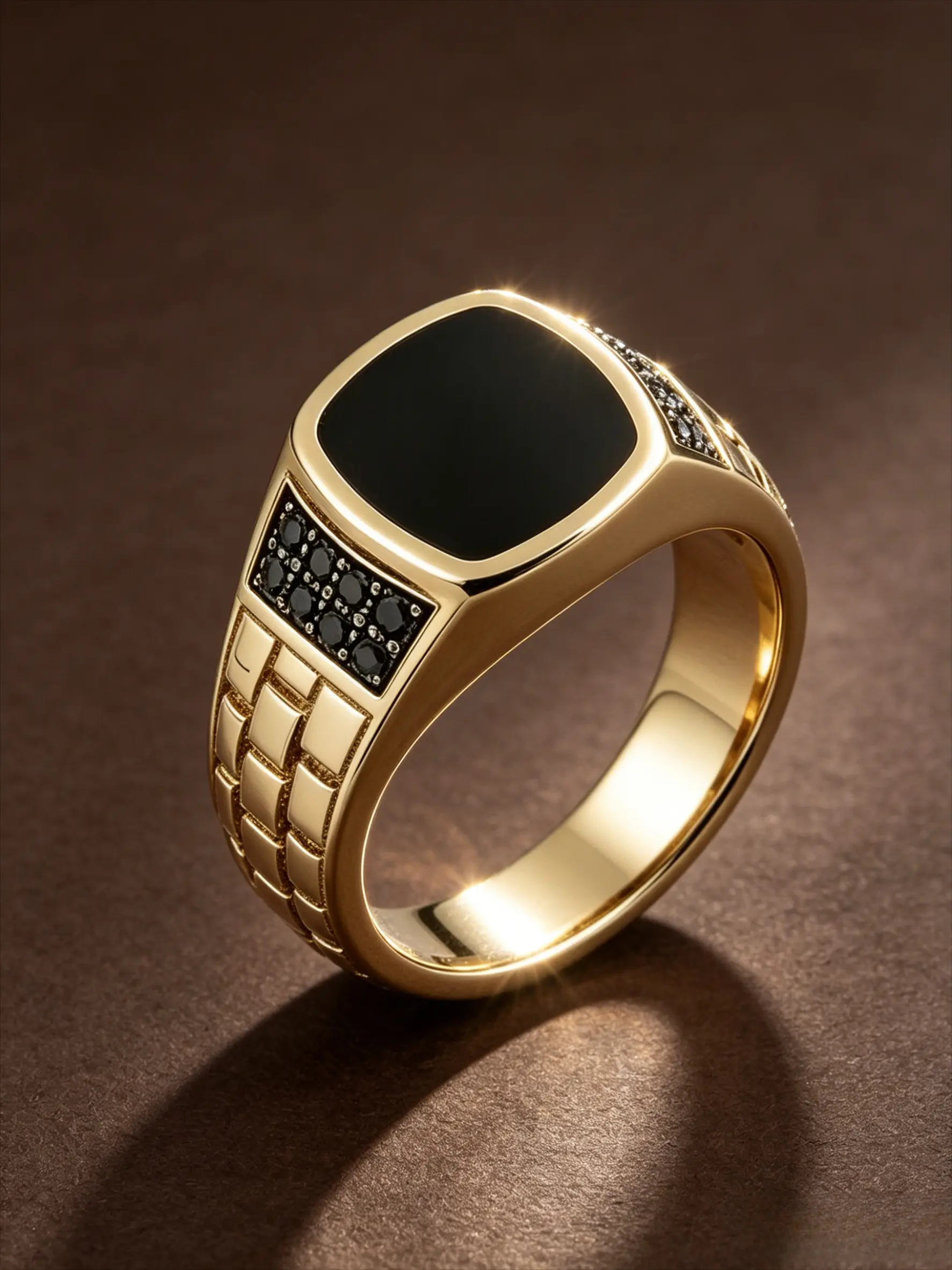 Gold Plated Square Black Onyx Men's Signet Ring Grid Carved Band Inlaid Black Cubic Zirconia Wide Finger Ornament Luxury Business Vintage Statement Accessory For Wedding Banquet Office Travel Birthday Anniversary Holiday Gift For Men Beautiful Rings
