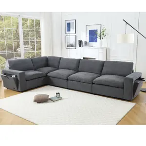 [NEW AIVED] [VIDEO PROVIDED]Sectional Couches For Living Room,Modular Couch,Wireless Charging Port & Cup Holders,5-seat ,DIY Combination,L-shaped Sofa,Book Storage Space,Soft Linen Fabric,Gray