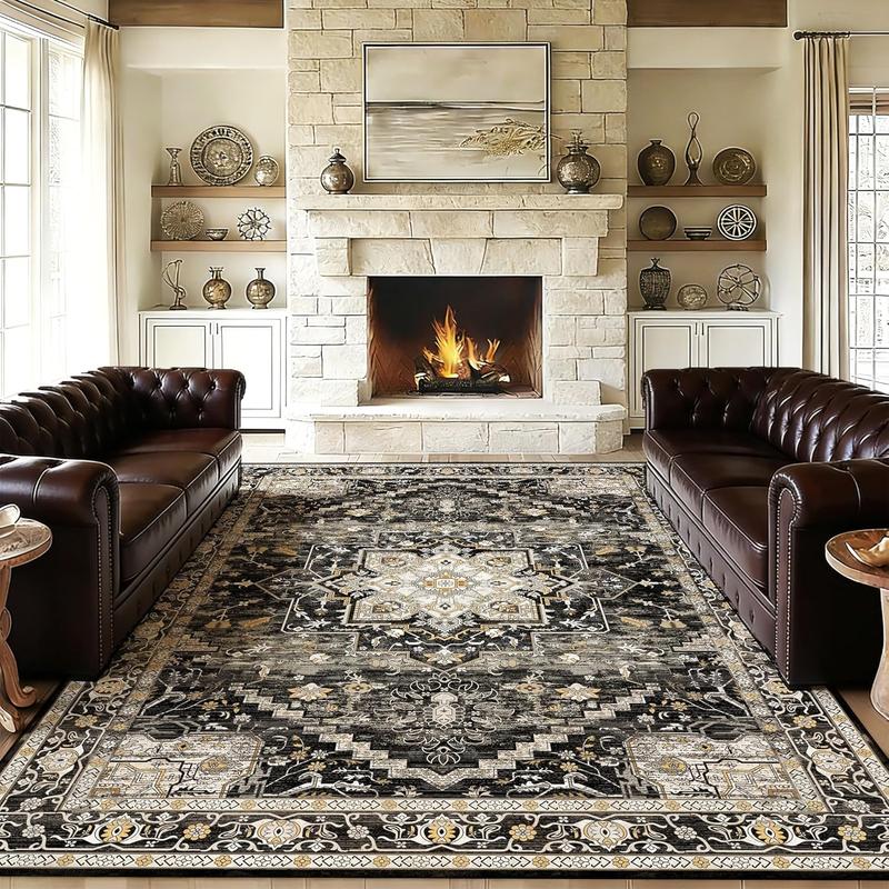 8x10 Washable Area Faux Cashmere Rug for Living Room, Non-Slip Soft Boho Vintage Medallion Carpet, Low Pile Distressed Rugs for Bedroom, Dining Room, Home Offi