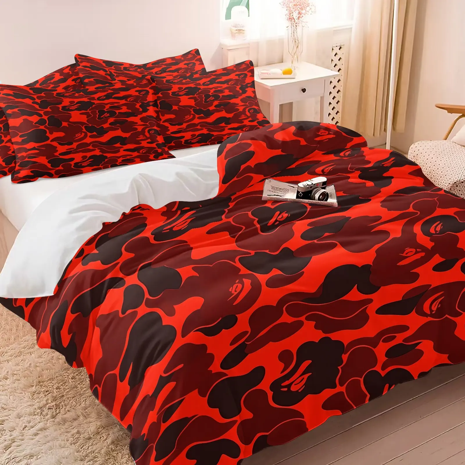 Red Black Ape Camo Duvet Cover Set Includes 1 Duvet Cover and 1-2 Pillowcases, Soft Breathable All Season Fabric, Trendy Camouflage Print, Modern Street Style Bedroom Bedding, Twin Full Queen King Size