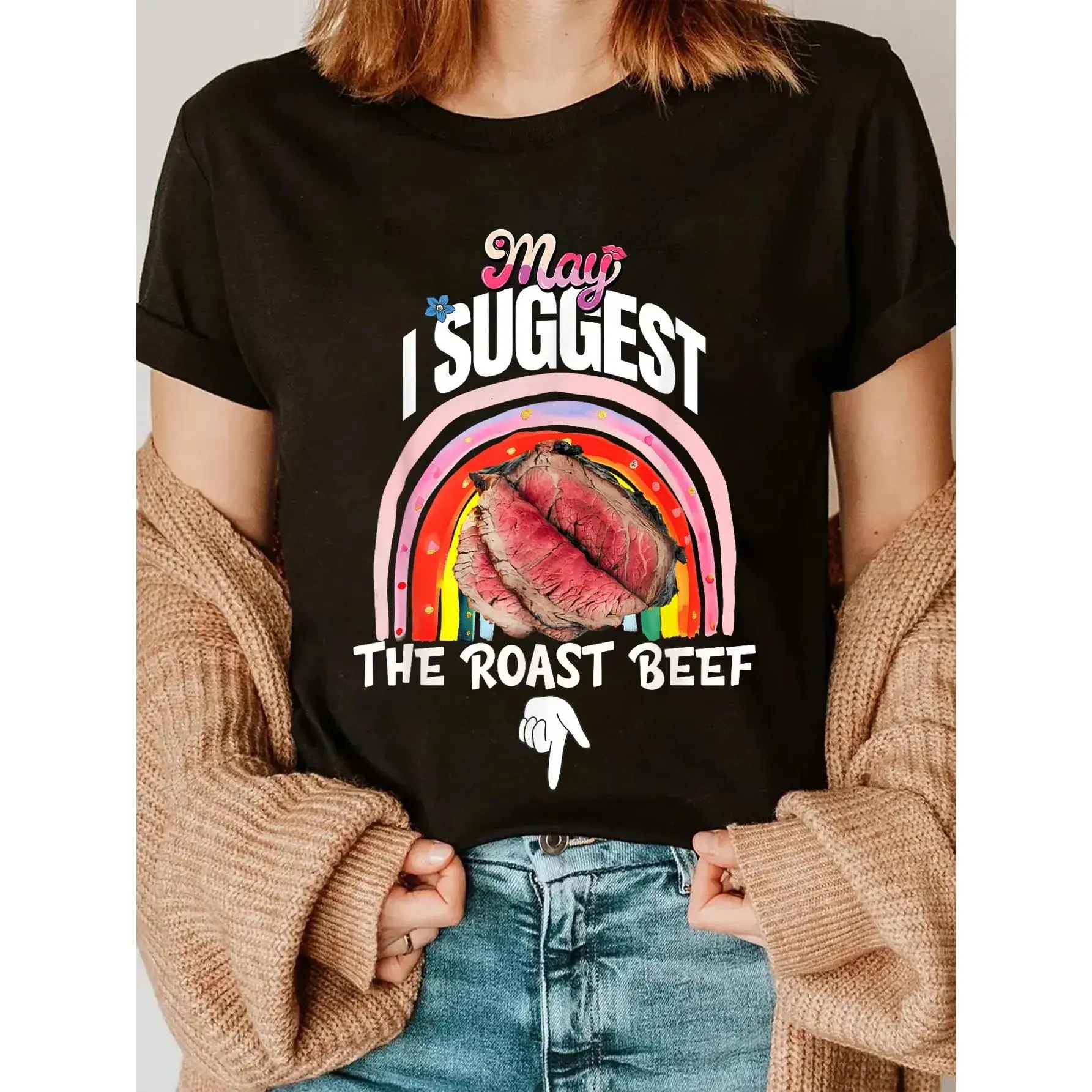 Casual T-Shirt with 'May I Suggest The Roast Beef' Graphic Print, 100% Cotton Short Sleeve Crew Neck Sporty Sports Tops, Round Neck, Machine Wash