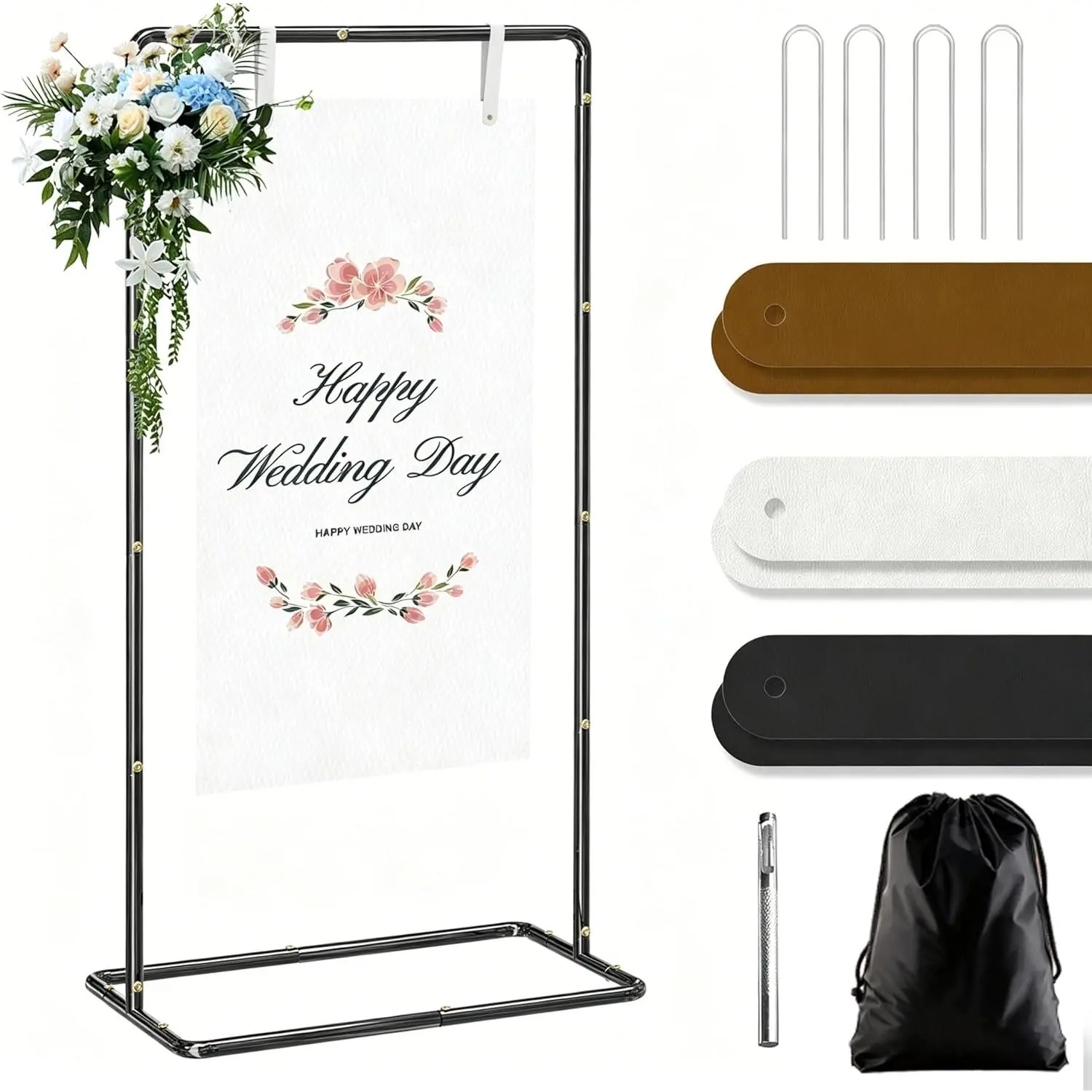Blcak Wedding Sign Holder Adjustable Welcome to Our Wedding Sign Stand 68”x31”x 20”,Heavy Duty Easel Stand for Sign Include 6 Sign  Straps &1 Storage Bag&Ground Stakes for Signs and Posters
