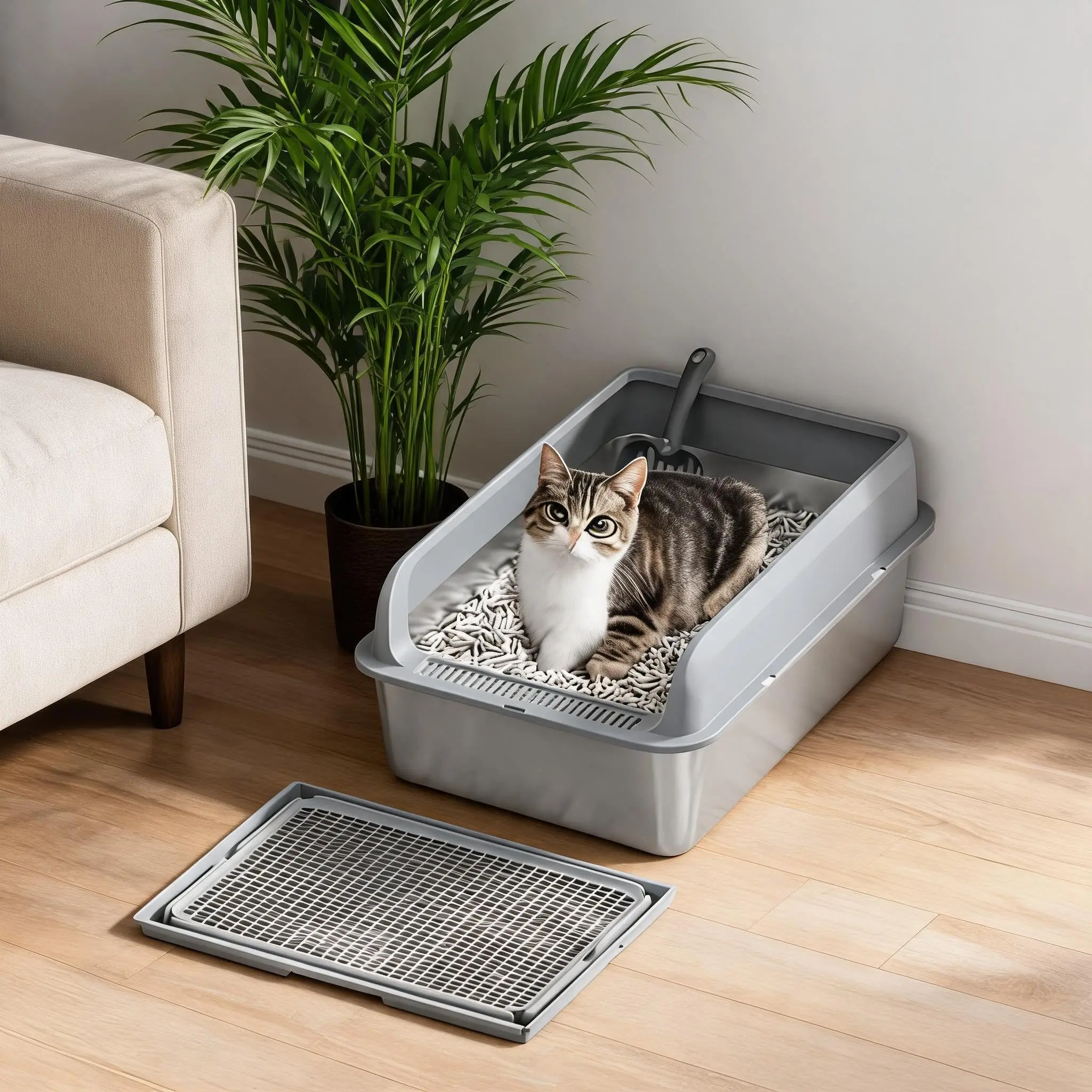 Garvee Cat litter box, stainless steel, lidded high side, odor resistant easy clean