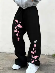 Men Elastic Waist Drawstring Wide Leg Sweatpants, Oriental Cherry Blossom Branch Japanese Kanji Print Loose Casual Streetwear Jogger Pants #CherryBlossomPants #JapaneseStreetwear #WideLegSweatpants #MensCasualBottoms #TikTokMadeMeBuyIt