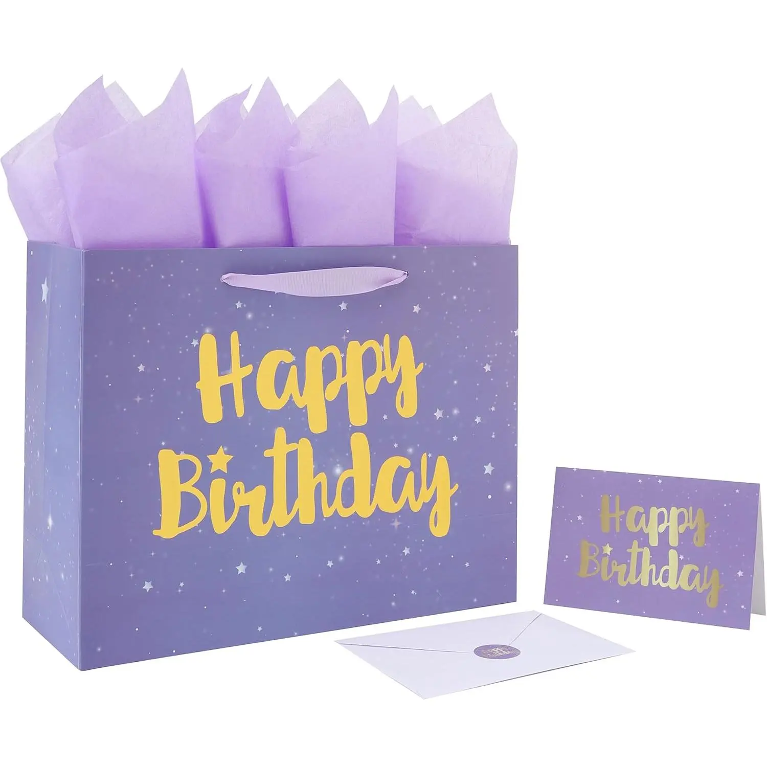 13” Large  Happy Birthday  Bag Set with Handles, Greeting Card, Lavender Tissue Papers and Stickers for Women Girls , Stars Design, 1 count.