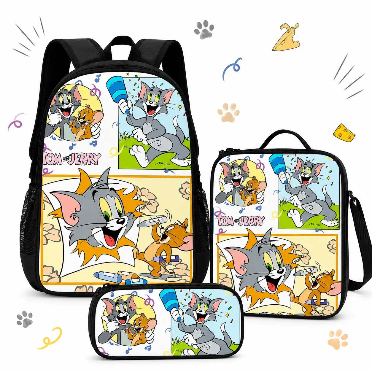 Tom and Jerry 3-Piece Backpack Set, Kids Comic School Bag with Matching Lunch Bag and Pencil Case, Back to School Supplies,sport backpack,lightweight,Pastel,Embroidered,Canvas,Tote,Bags,Adjustable,Crossbody,Shopping Bag,Men's,,Chri,Drawstring,Gym,Sackpack