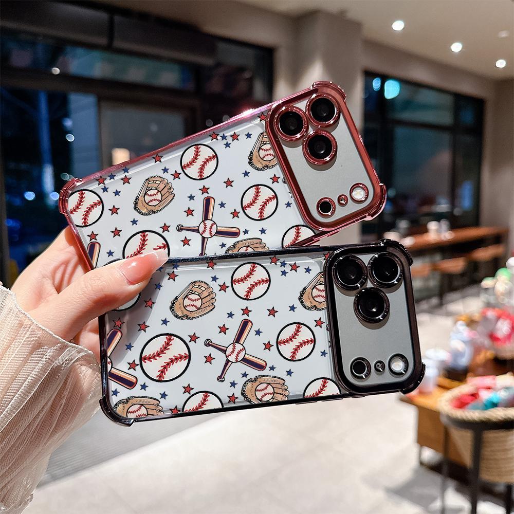 Phone Case for iPhone 17 Pro Max Air 16 15 14 13 12 11 Plus Baseball.Baseball gloves Pattern Four Corner Anti-Fall Phone Case Transparent Electroplated Protective Cover